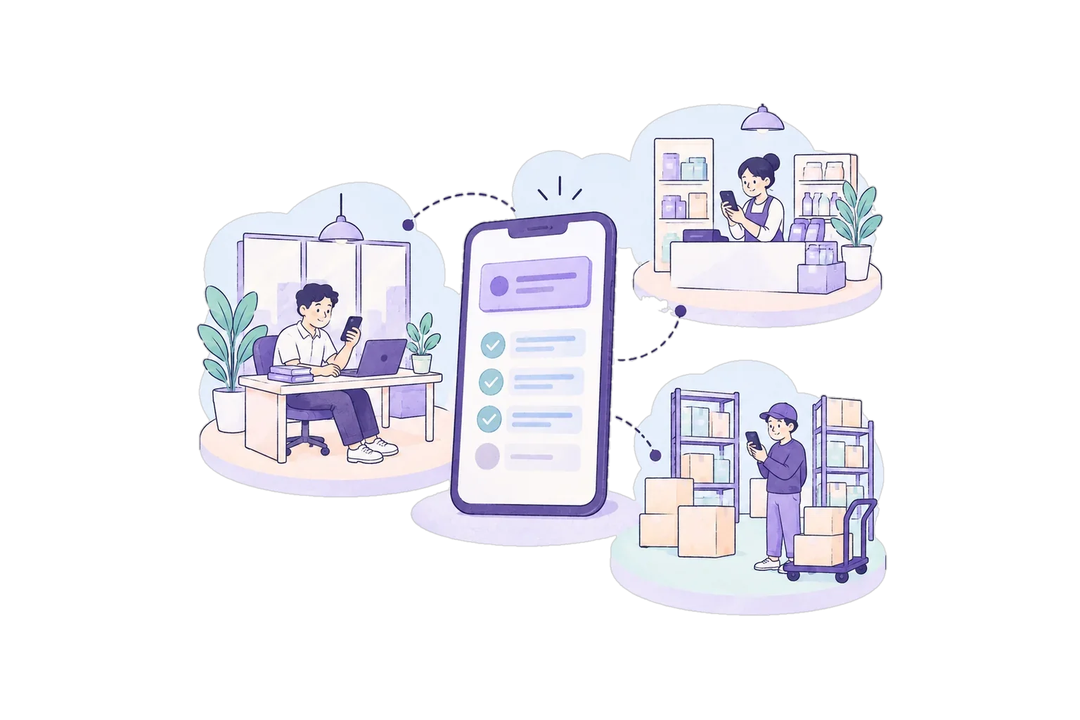 사무실과 현장, 지점에서 각자 휴대폰으로 몽툴 소식을 확인하는 사람들